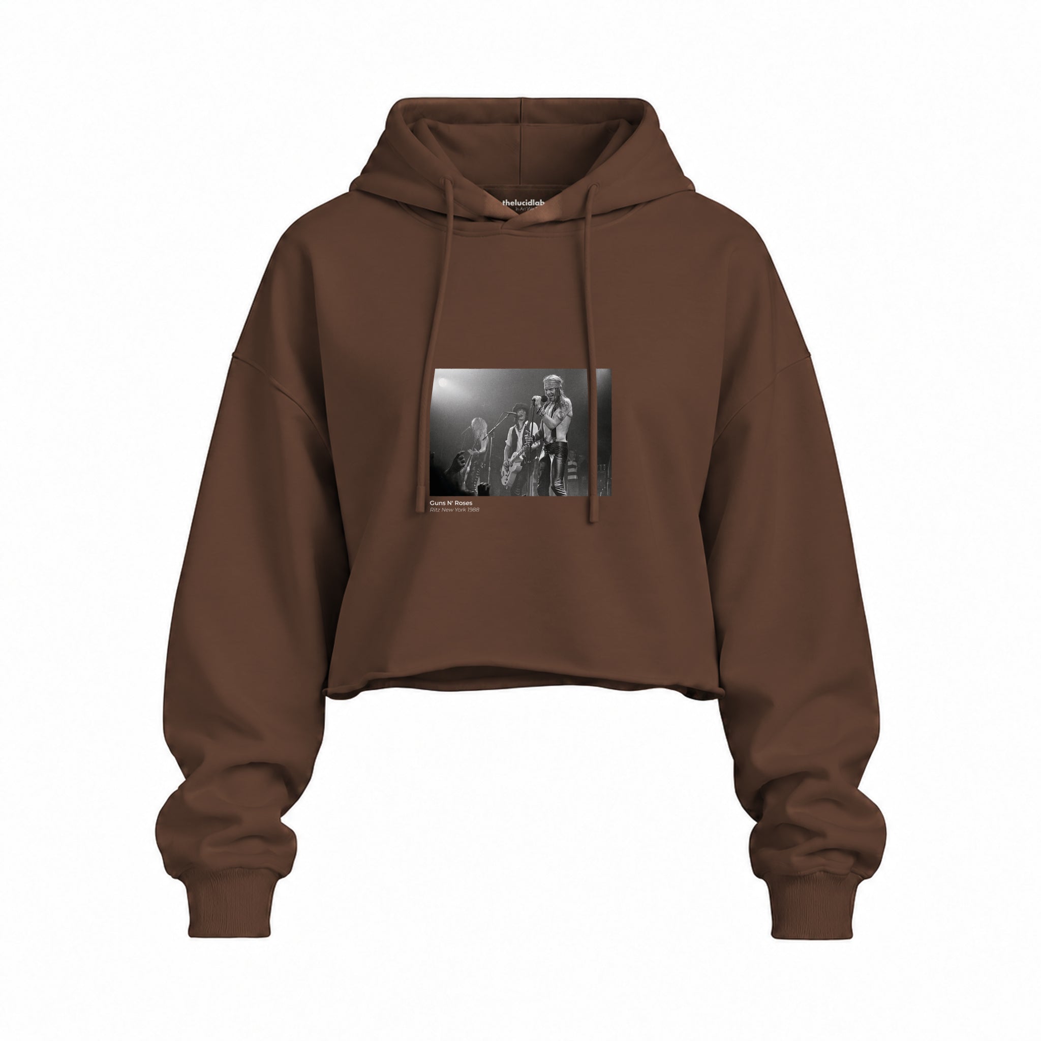 Guns N’ Roses Ritz New York 1988 Oversize Crop Hoodie — Kahverengi — Ön baskı