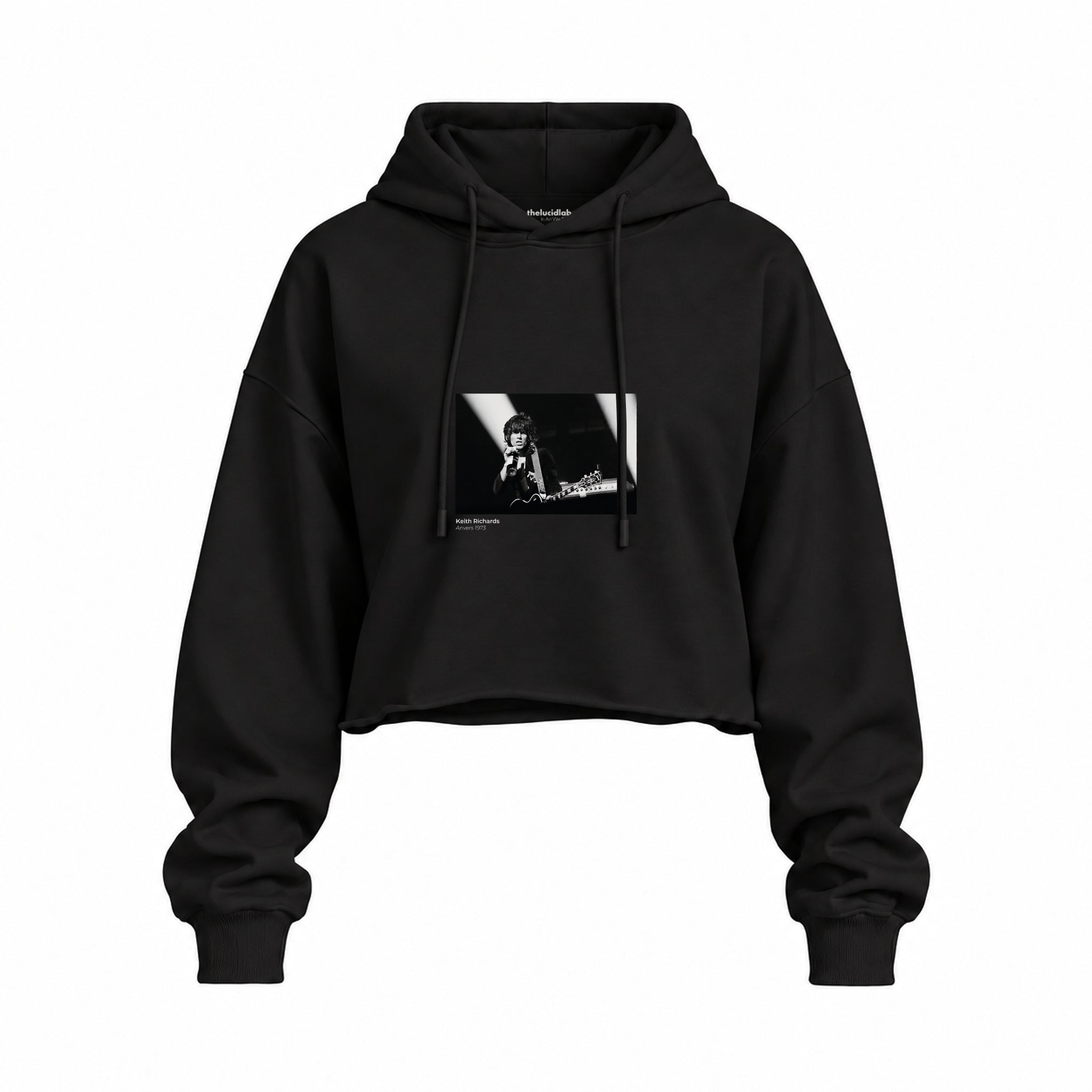 Keith Richards Anvers 1973 Oversize Crop Hoodie — Siyah — Ön baskı
