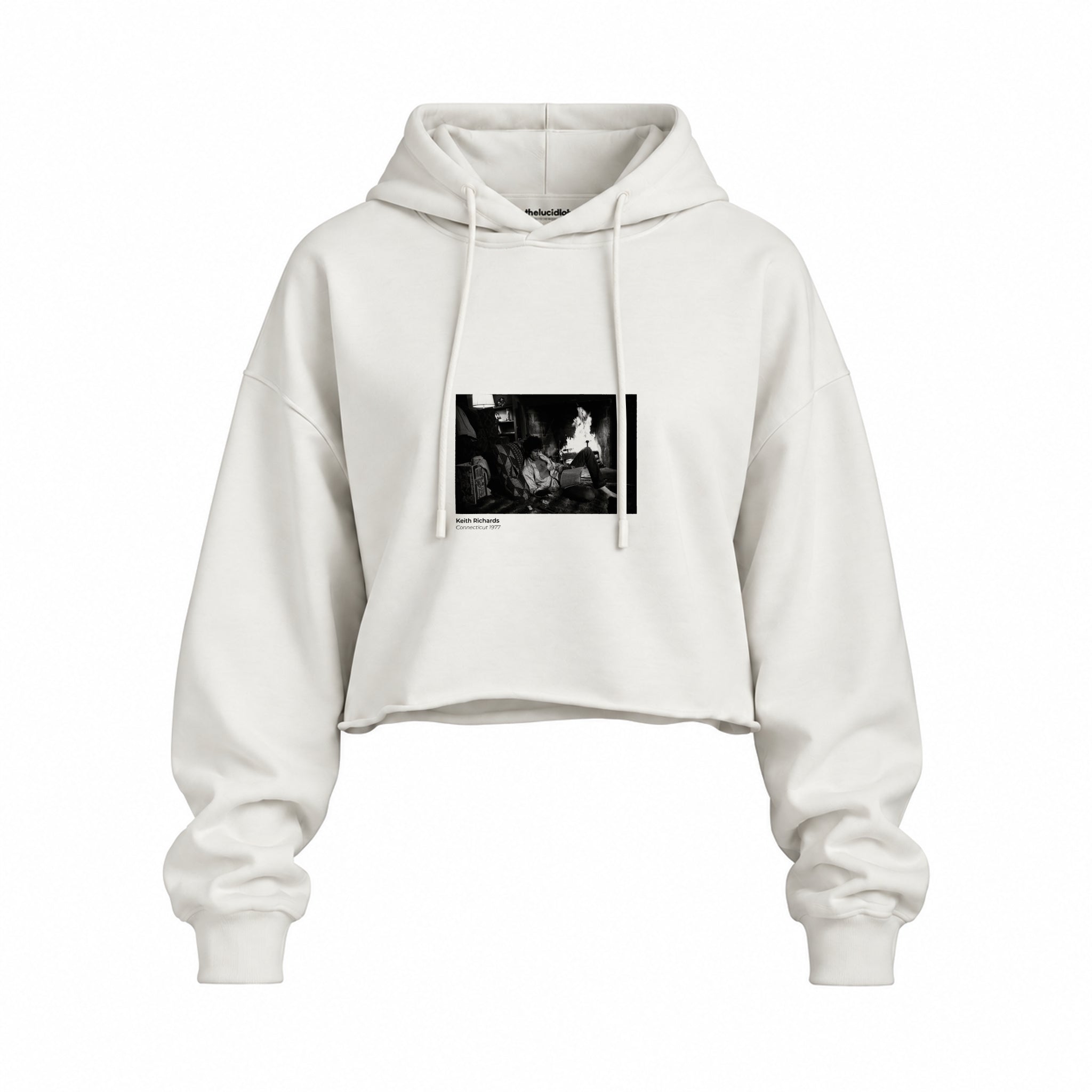 Keith Richards Connecticut 1977 Oversize Crop Hoodie — Beyaz — Ön baskı