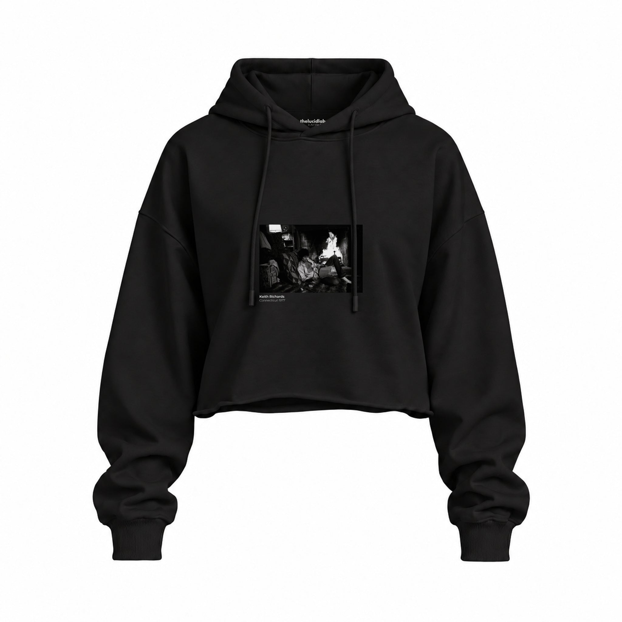 Keith Richards Connecticut 1977 Oversize Crop Hoodie — Siyah — Ön baskı