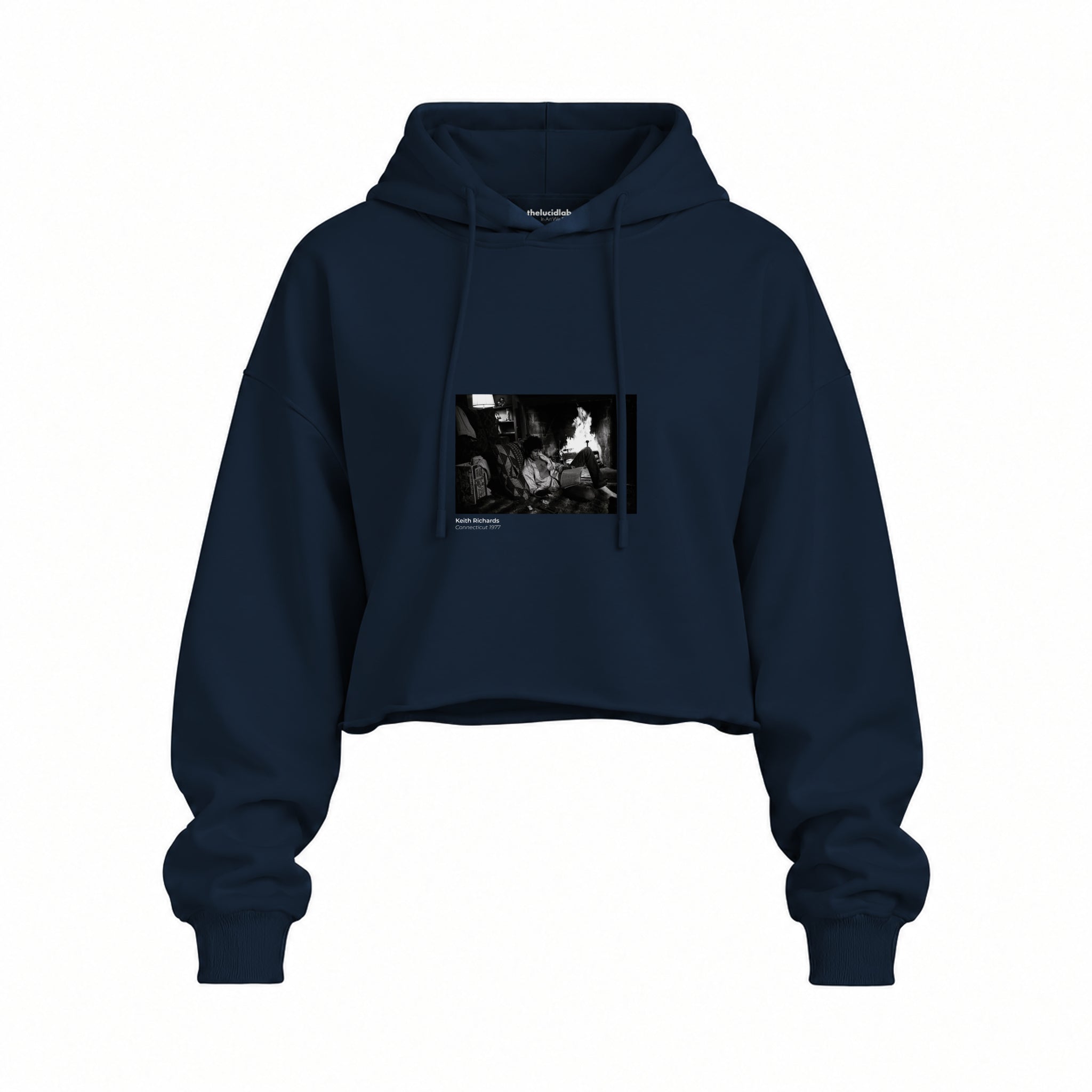 Keith Richards Connecticut 1977 Oversize Crop Hoodie — Lacivert — Ön baskı
