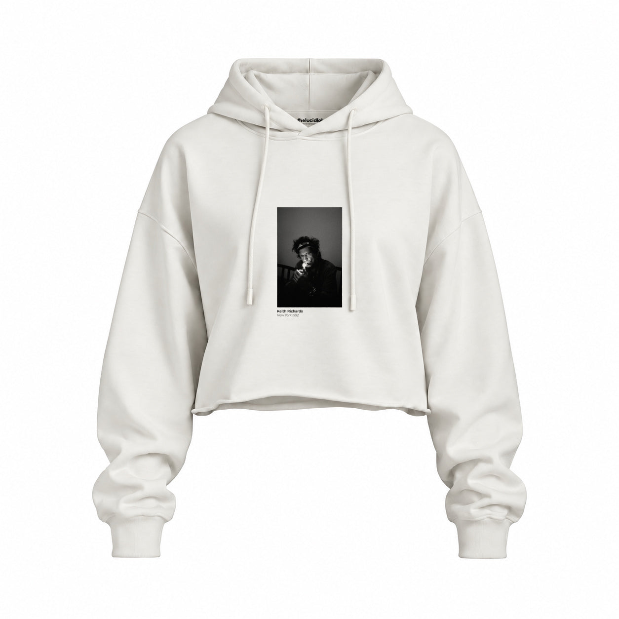 Keith Richards New York 1992 Oversize Crop Hoodie — Beyaz — Ön baskı