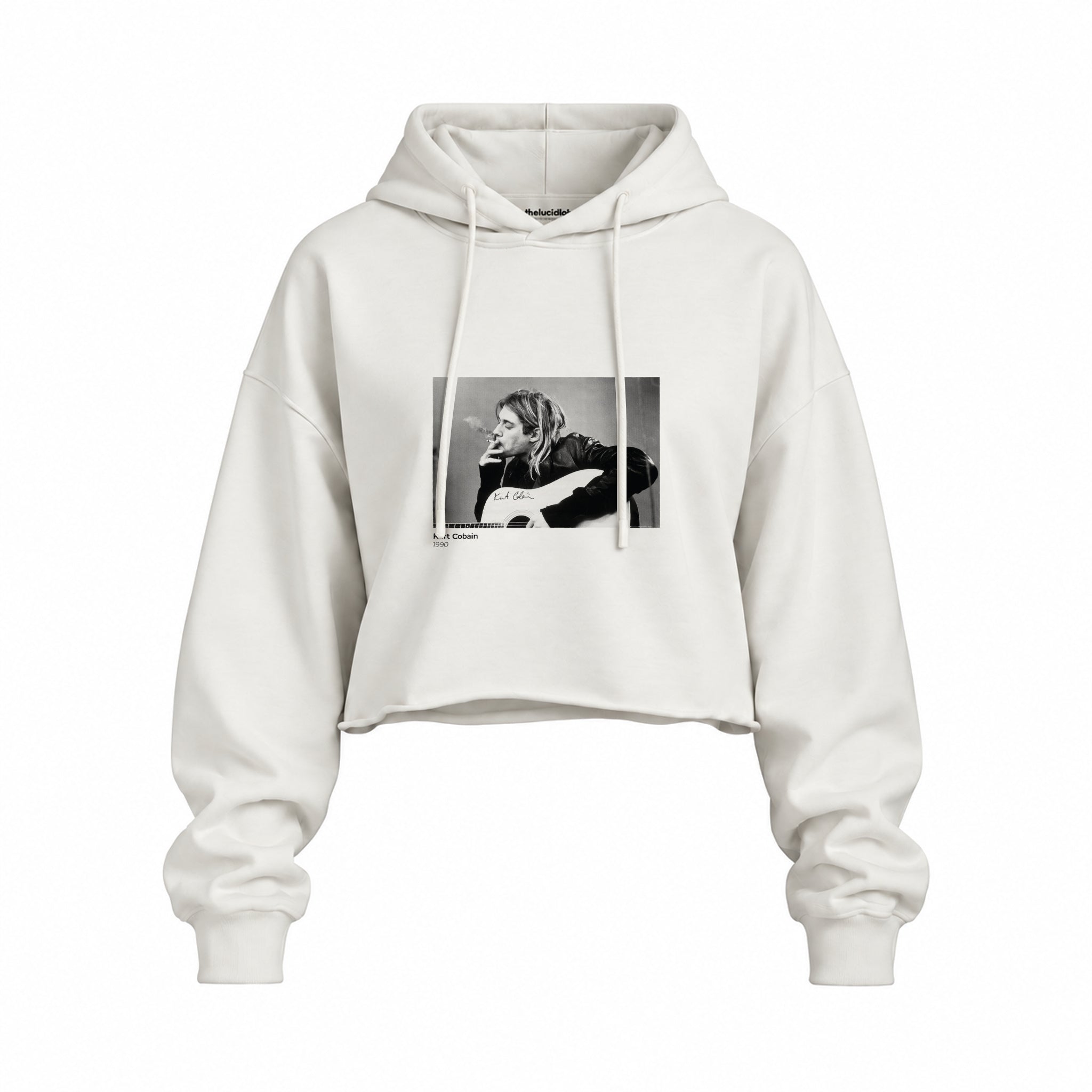 Kurt Cobain 1990 Oversize Crop Hoodie — Beyaz — Ön baskı