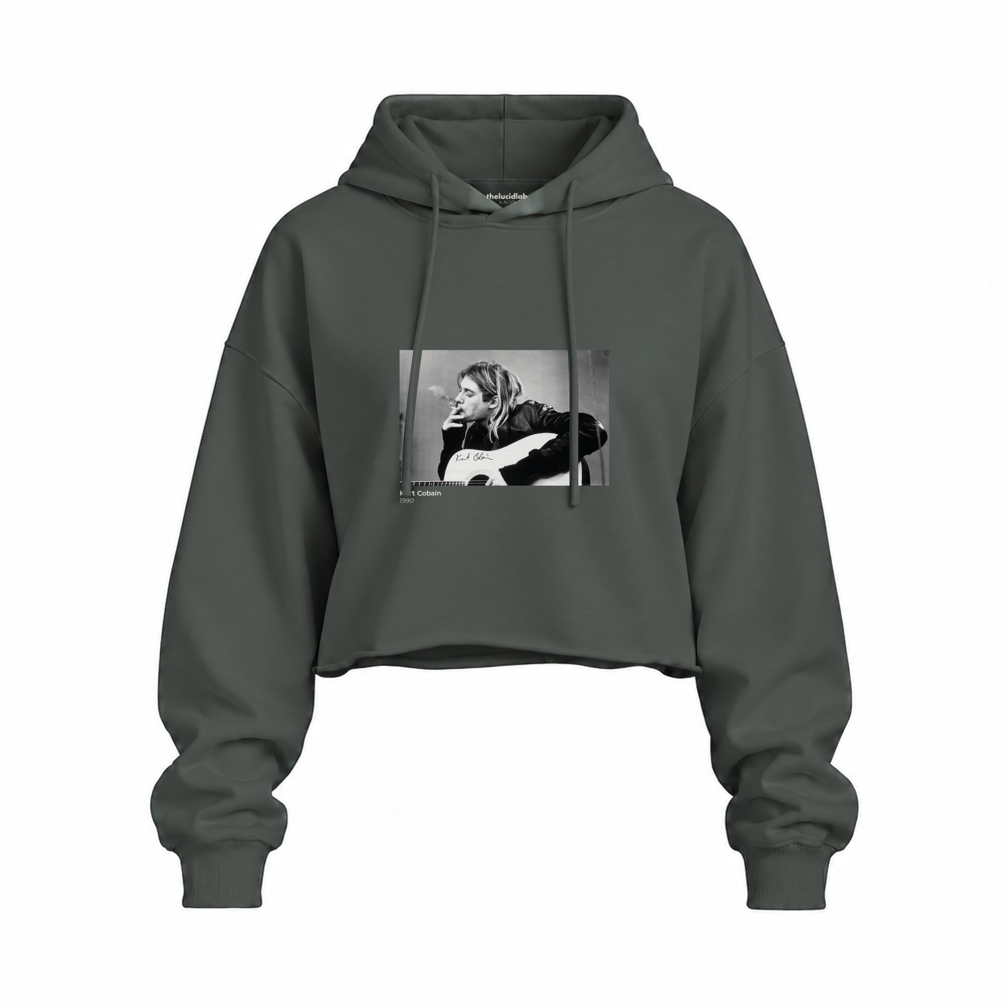 Kurt Cobain 1990 Oversize Crop Hoodie — Antrasit — Ön baskı
