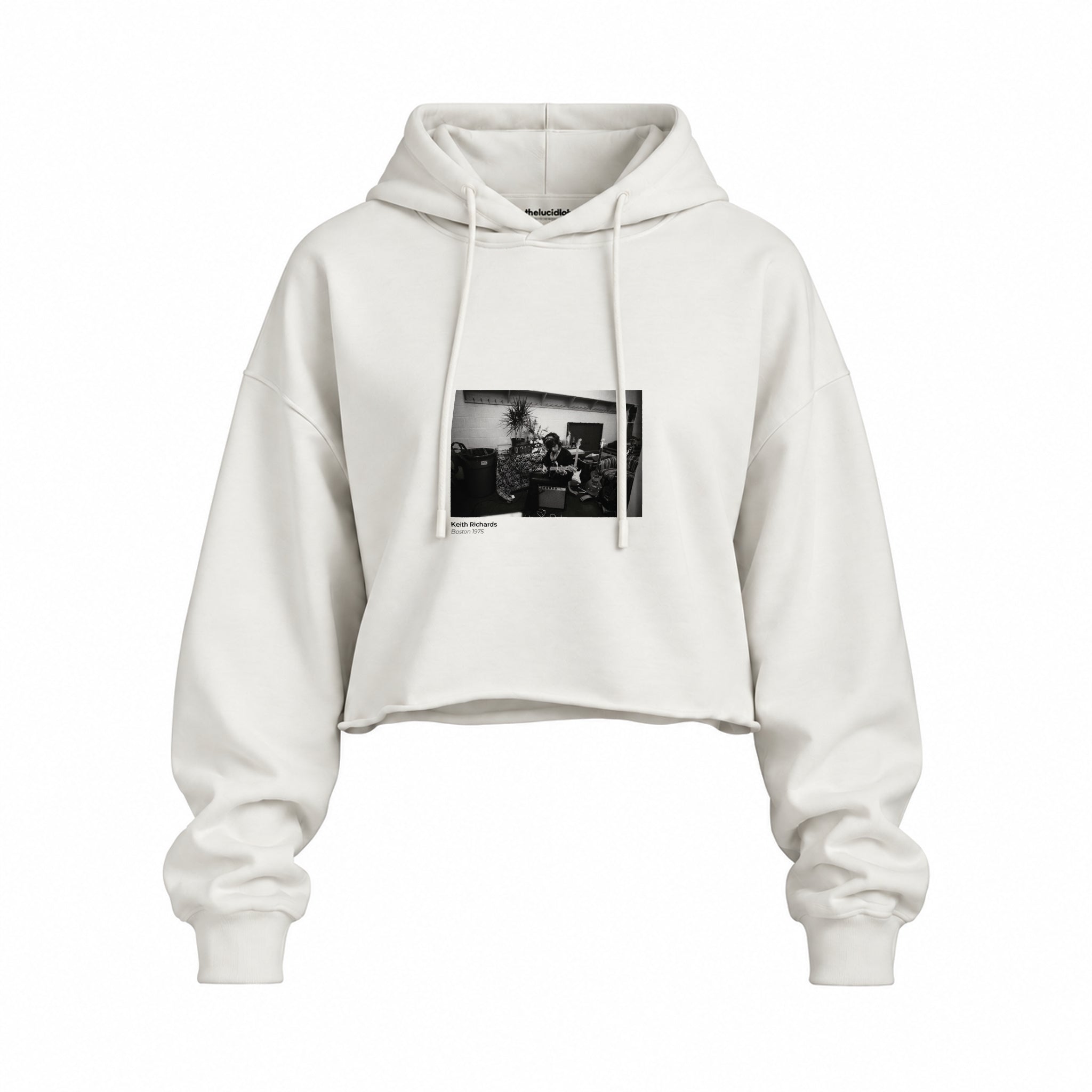 Keith Richards Boston 1975 Oversize Crop Hoodie — Beyaz — Ön baskı