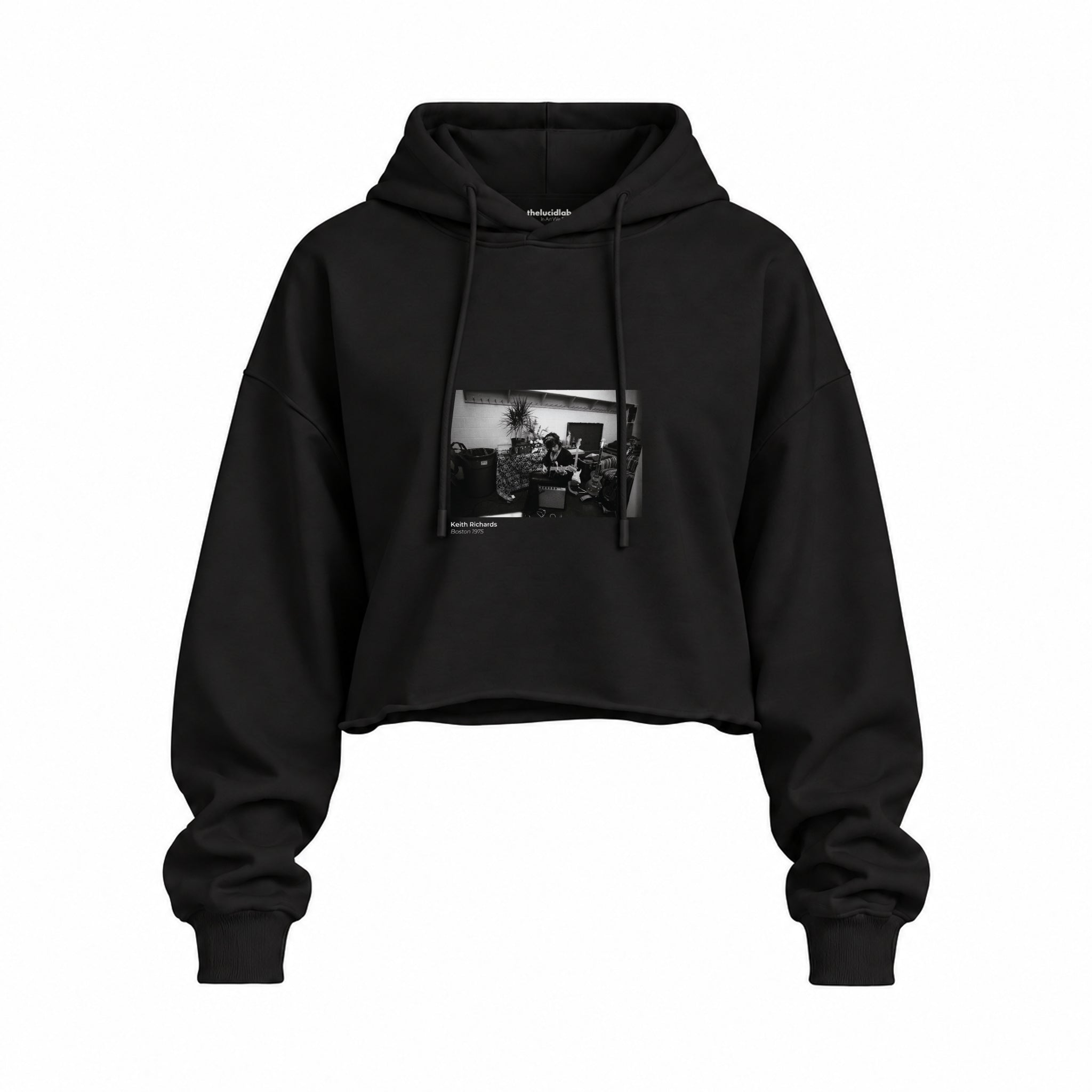 Keith Richards Boston 1975 Oversize Crop Hoodie — Siyah — Ön baskı