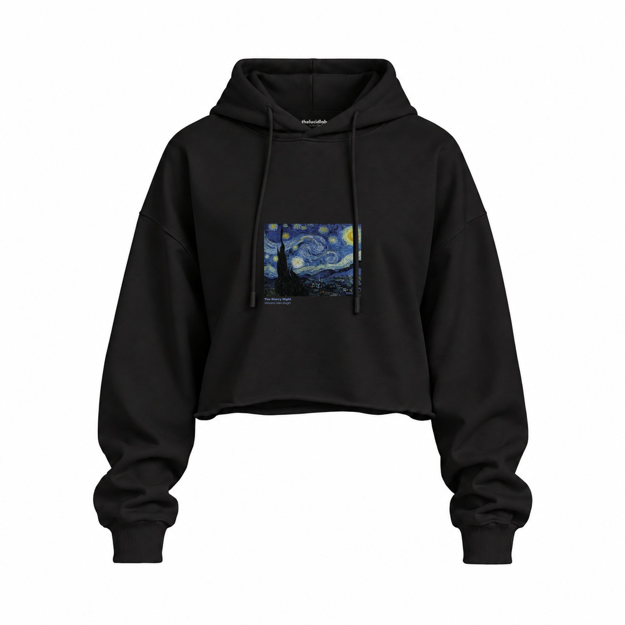 The Starry Night Oversize Crop Hoodie — Siyah — Ön baskı