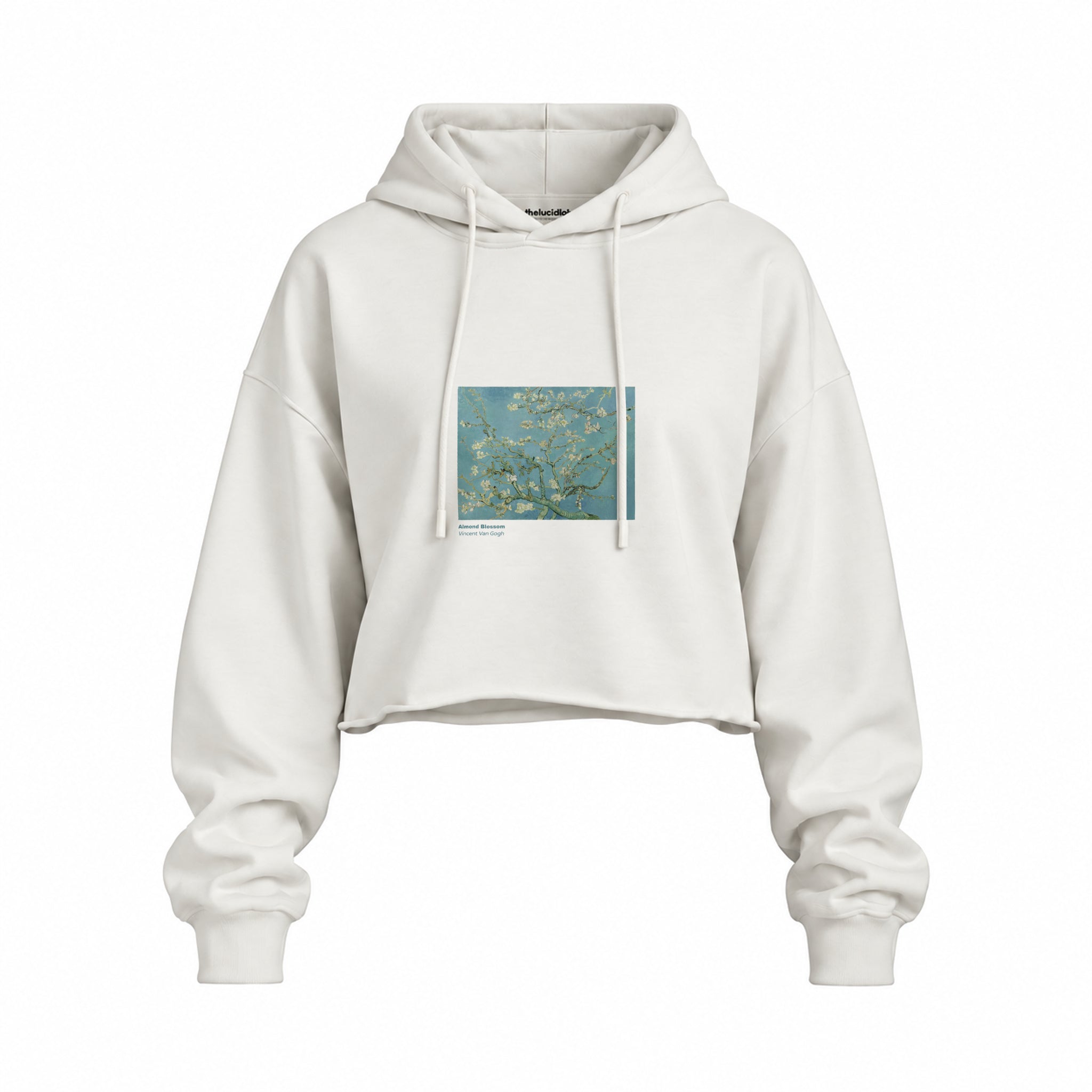 Almond Blossoms Oversize Crop Hoodie — Beyaz — Ön baskı