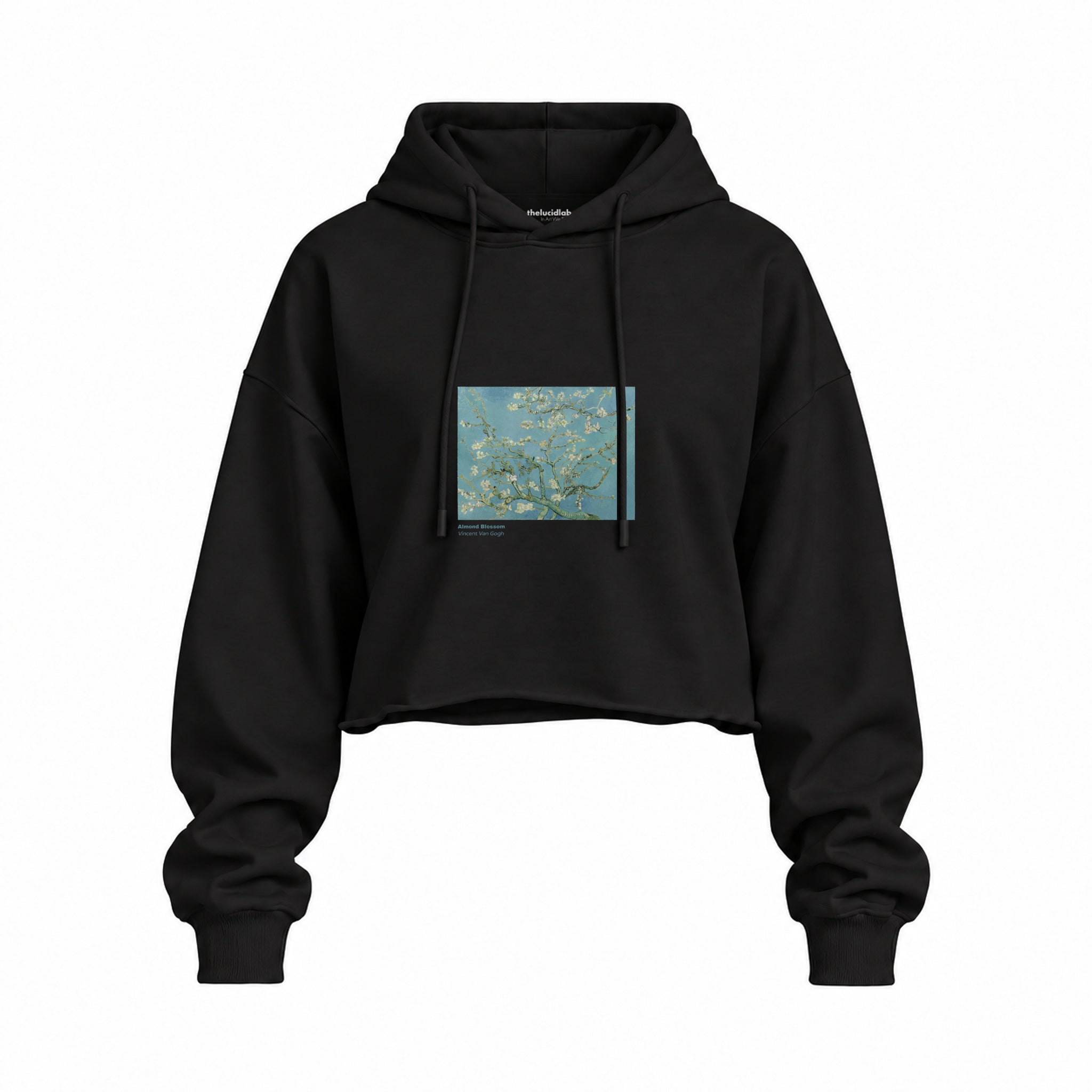Almond Blossoms Oversize Crop Hoodie — Siyah — Ön baskı