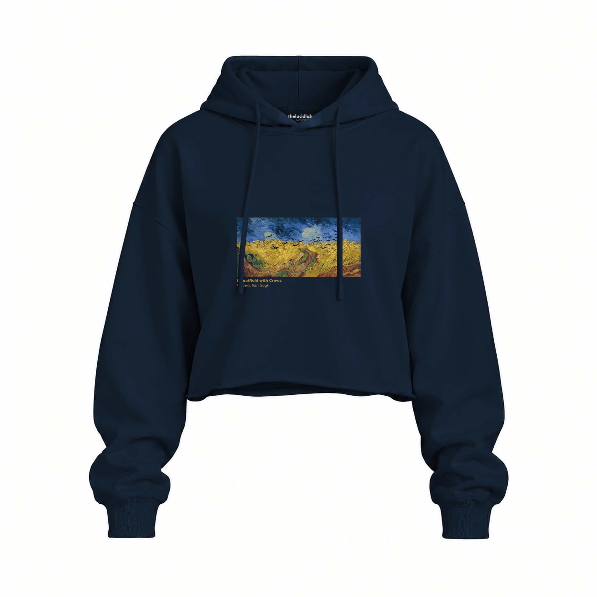 Buğday Tarlası ve Kargalar Oversize Crop Hoodie — Lacivert — Ön baskı