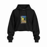 Café Terrace at Night Oversize Crop Hoodie — Siyah — Ön baskı