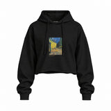 Café Terrace at Night Oversize Crop Hoodie — Siyah — Ön baskı