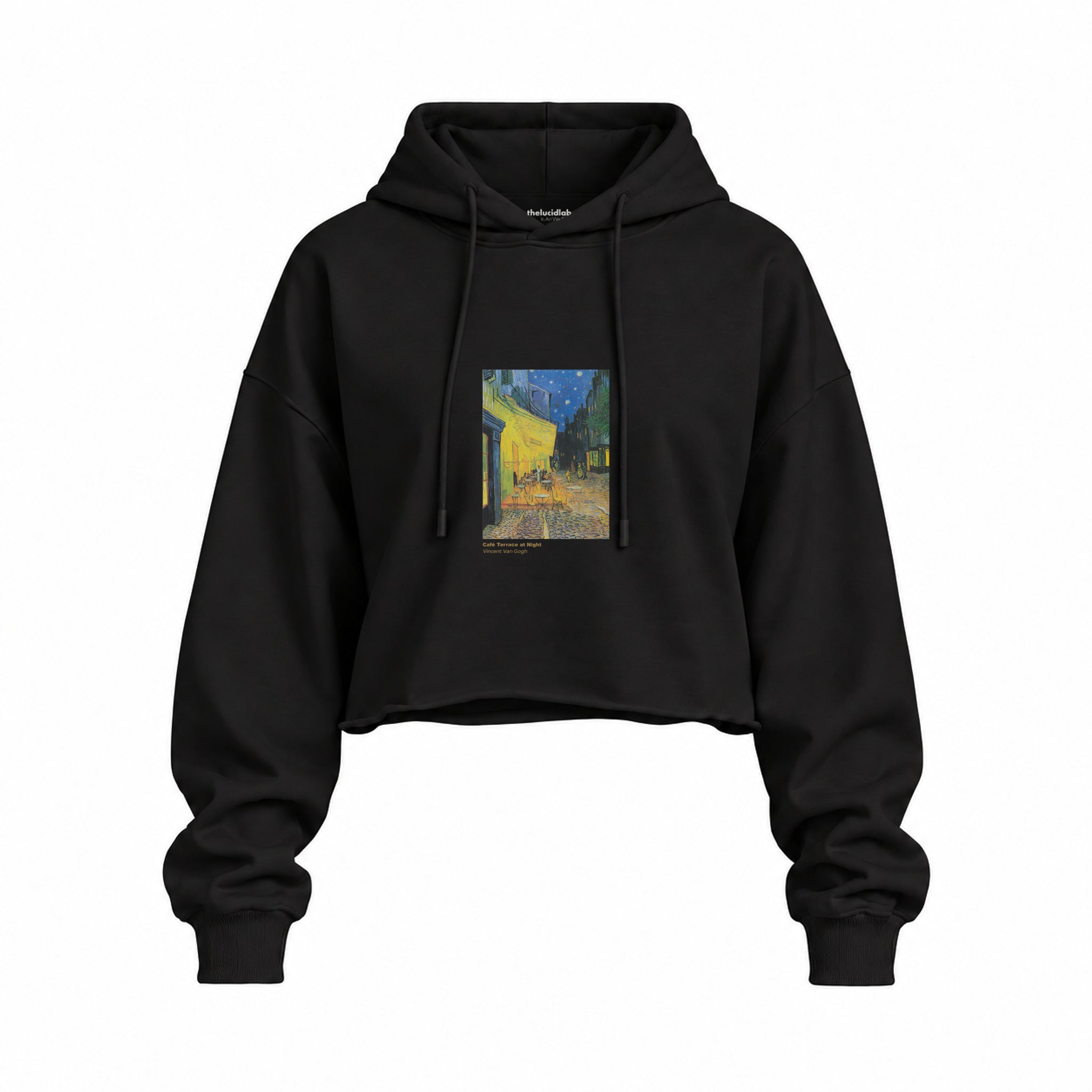 Café Terrace at Night Oversize Crop Hoodie — Siyah — Ön baskı