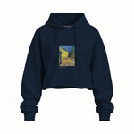 Café Terrace at Night Oversize Crop Hoodie — Lacivert — Ön baskı