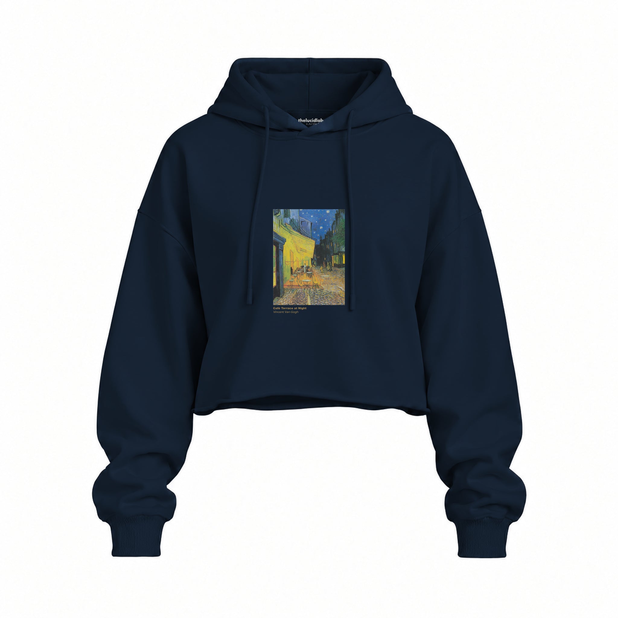 Café Terrace at Night Oversize Crop Hoodie — Lacivert — Ön baskı