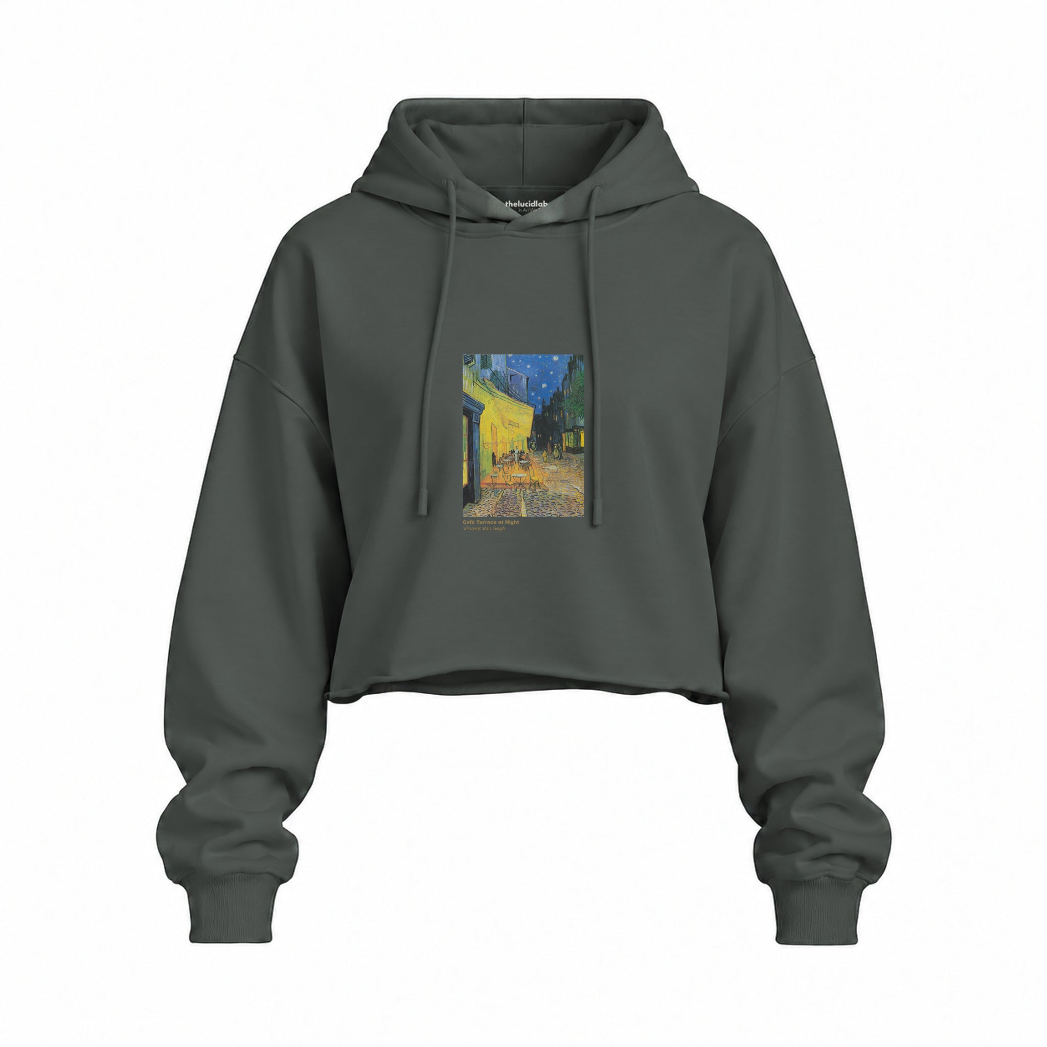 Café Terrace at Night Oversize Crop Hoodie — Antrasit — Ön baskı