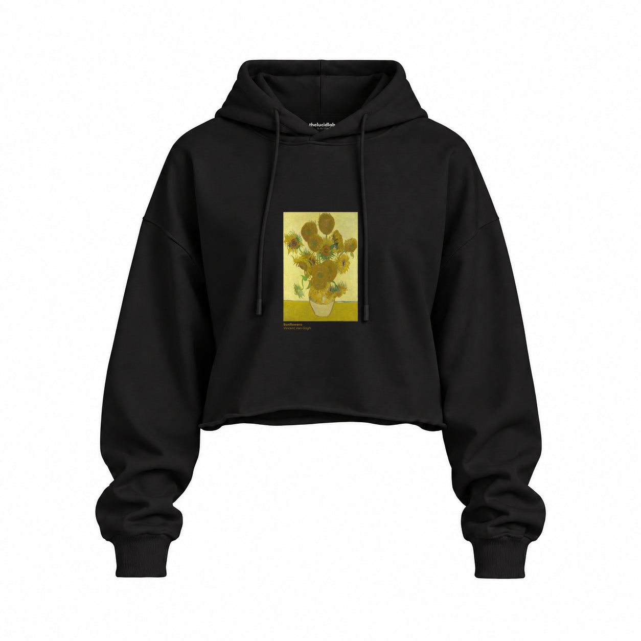 Sunflowers Oversize Crop Hoodie — Siyah — Ön baskı