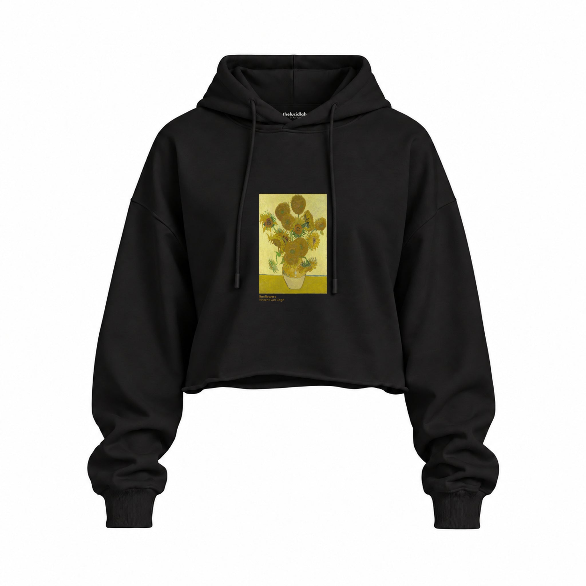 Sunflowers Oversize Crop Hoodie — Siyah — Ön baskı