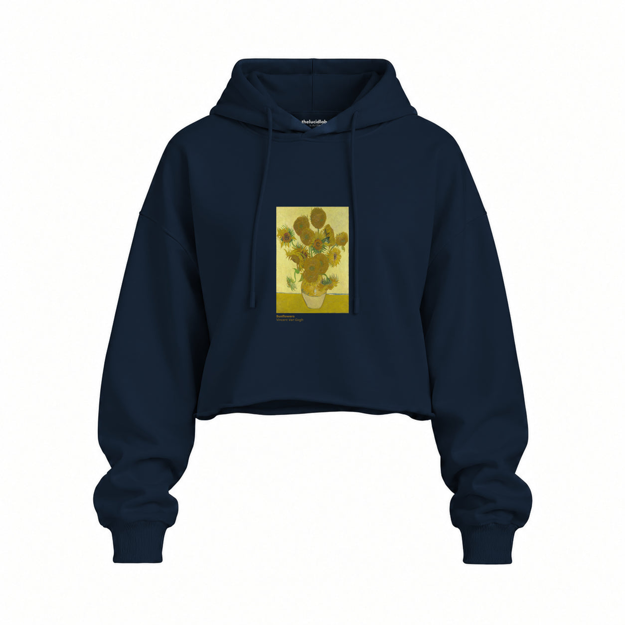 Sunflowers Oversize Crop Hoodie — Lacivert — Ön baskı