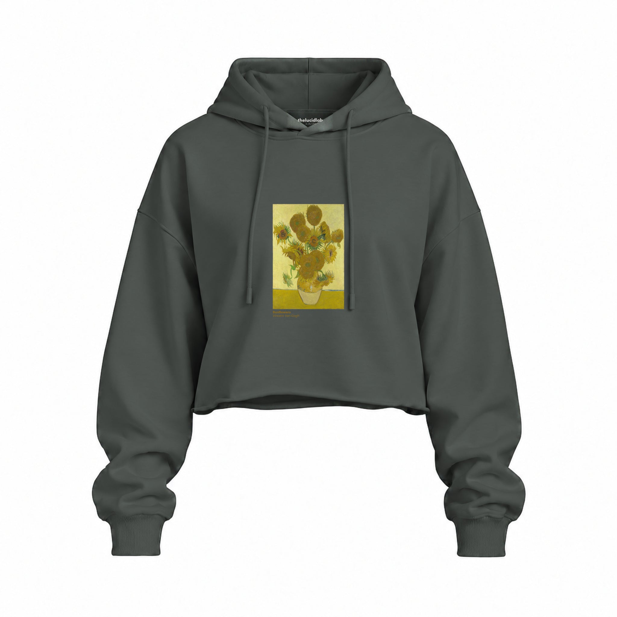 Sunflowers Oversize Crop Hoodie — Antrasit — Ön baskı