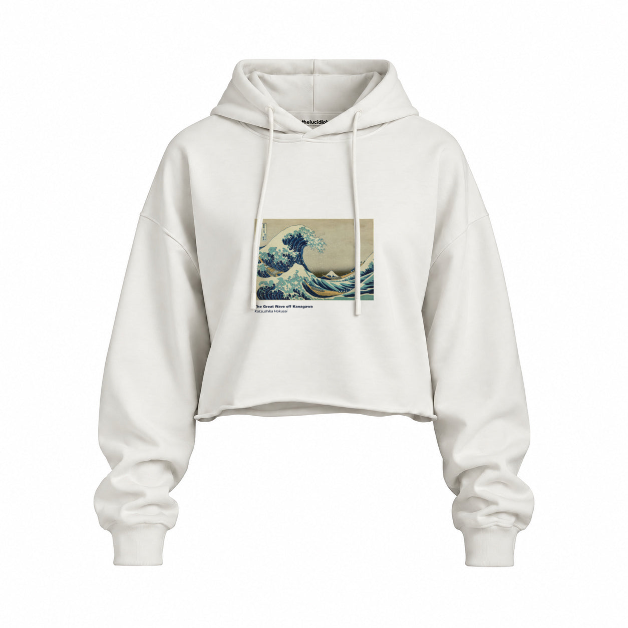 Kanagawa Oki Nami Ura Oversize Crop Hoodie — Beyaz — Ön baskı