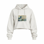 Kanagawa Oki Nami Ura Oversize Crop Hoodie — Beyaz — Ön baskı