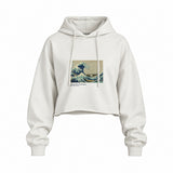 Kanagawa Oki Nami Ura Oversize Crop Hoodie — Beyaz — Ön baskı