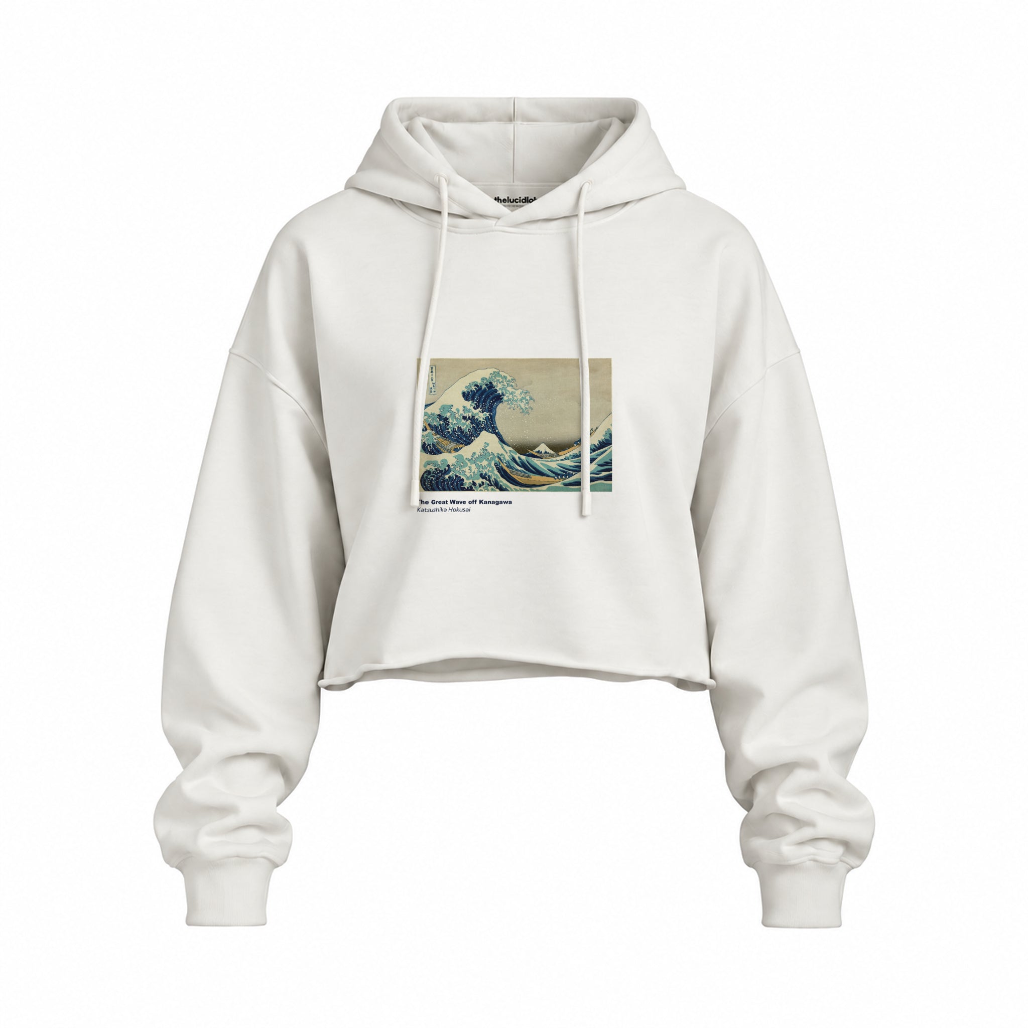 Kanagawa Oki Nami Ura Oversize Crop Hoodie — Beyaz — Ön baskı