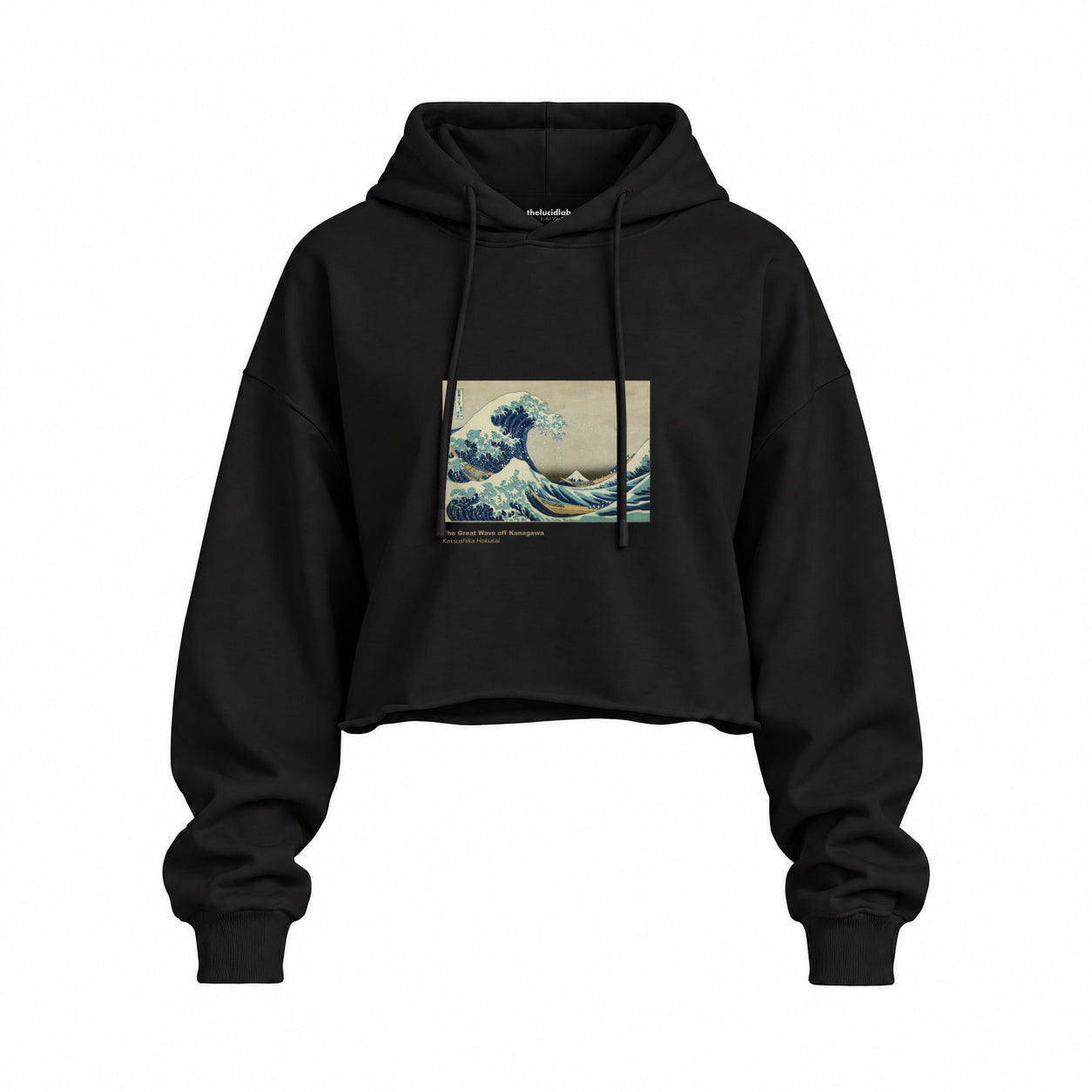 Kanagawa Oki Nami Ura Oversize Crop Hoodie — Siyah — Ön baskı