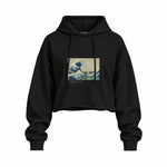 Kanagawa Oki Nami Ura Oversize Crop Hoodie — Siyah — Ön baskı