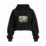 Kanagawa Oki Nami Ura Oversize Crop Hoodie — Siyah — Ön baskı
