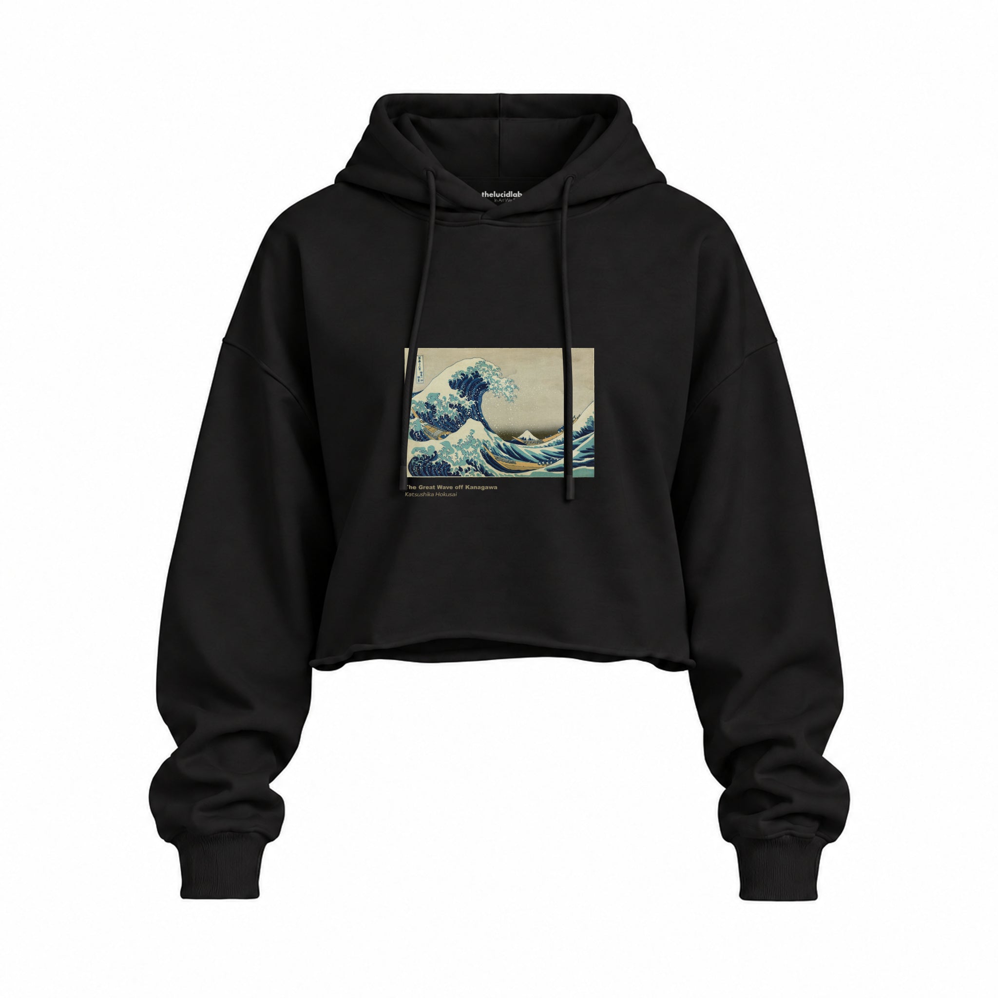 Kanagawa Oki Nami Ura Oversize Crop Hoodie — Siyah — Ön baskı