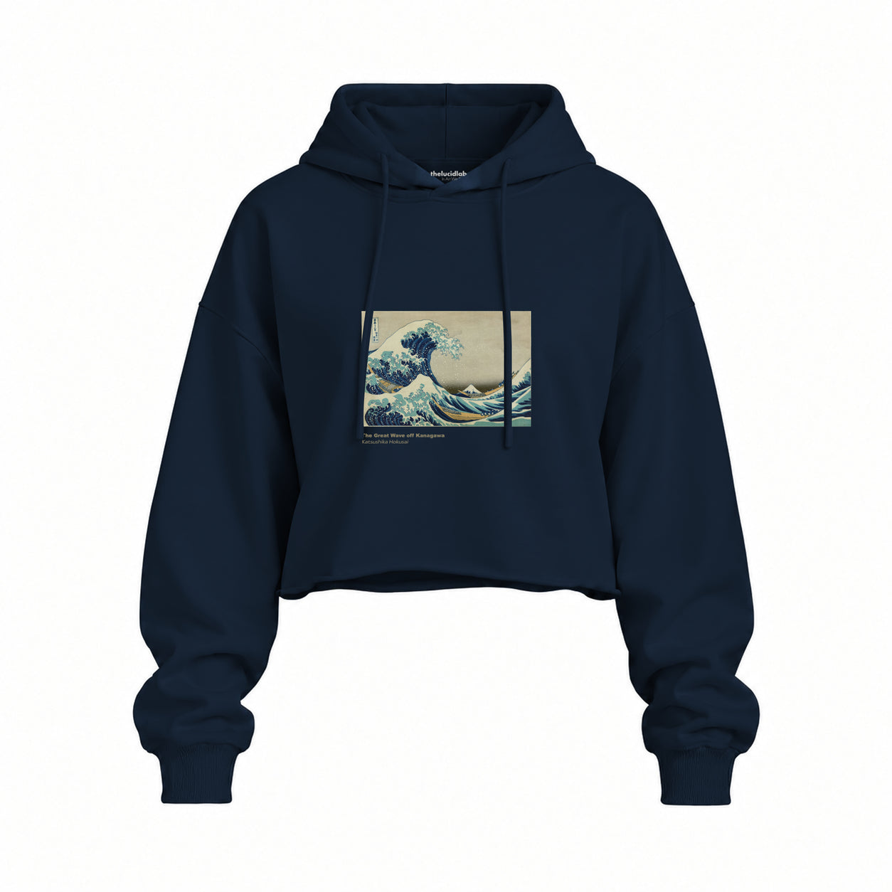 Kanagawa Oki Nami Ura Oversize Crop Hoodie — Lacivert — Ön baskı