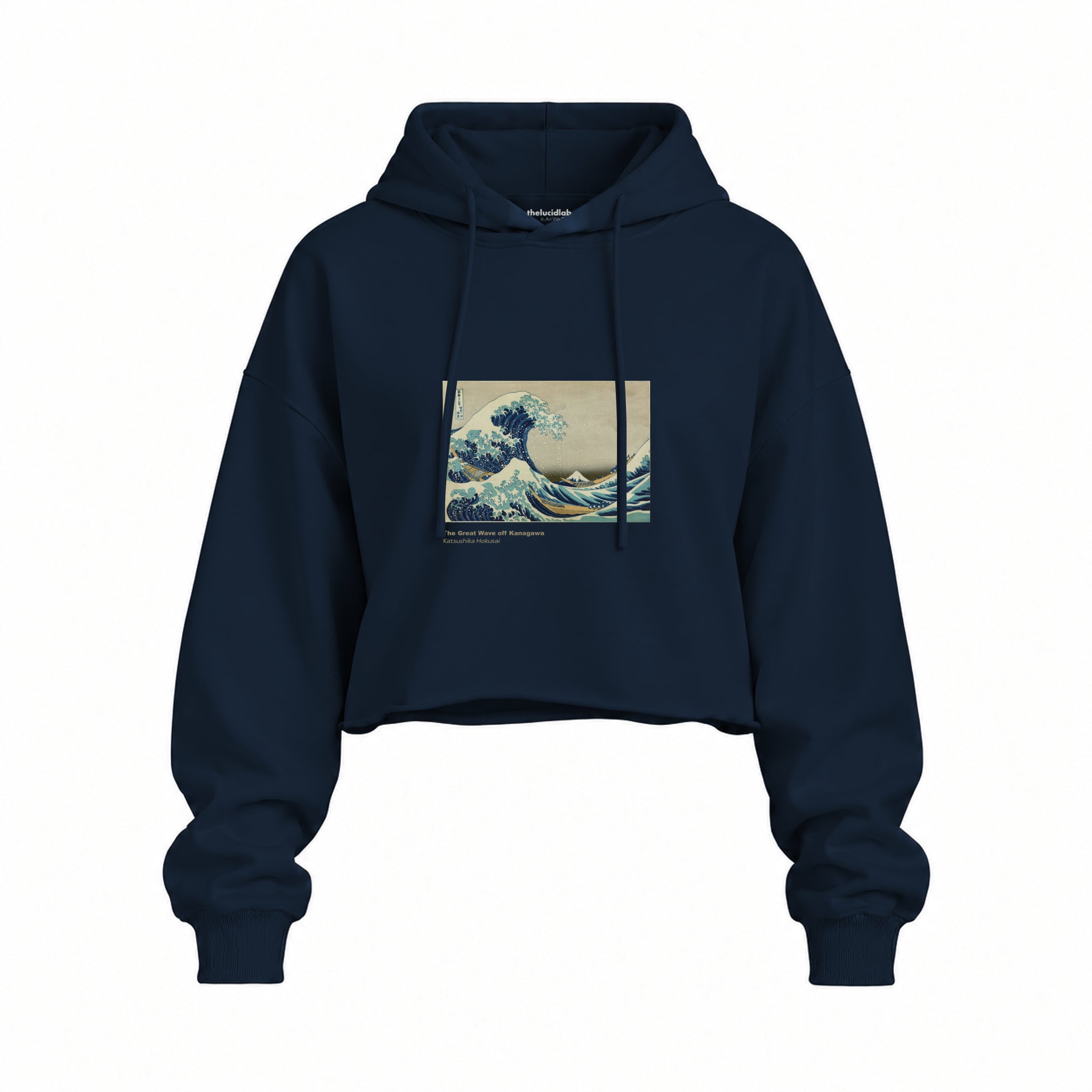 Kanagawa Oki Nami Ura Oversize Crop Hoodie — Lacivert — Ön baskı