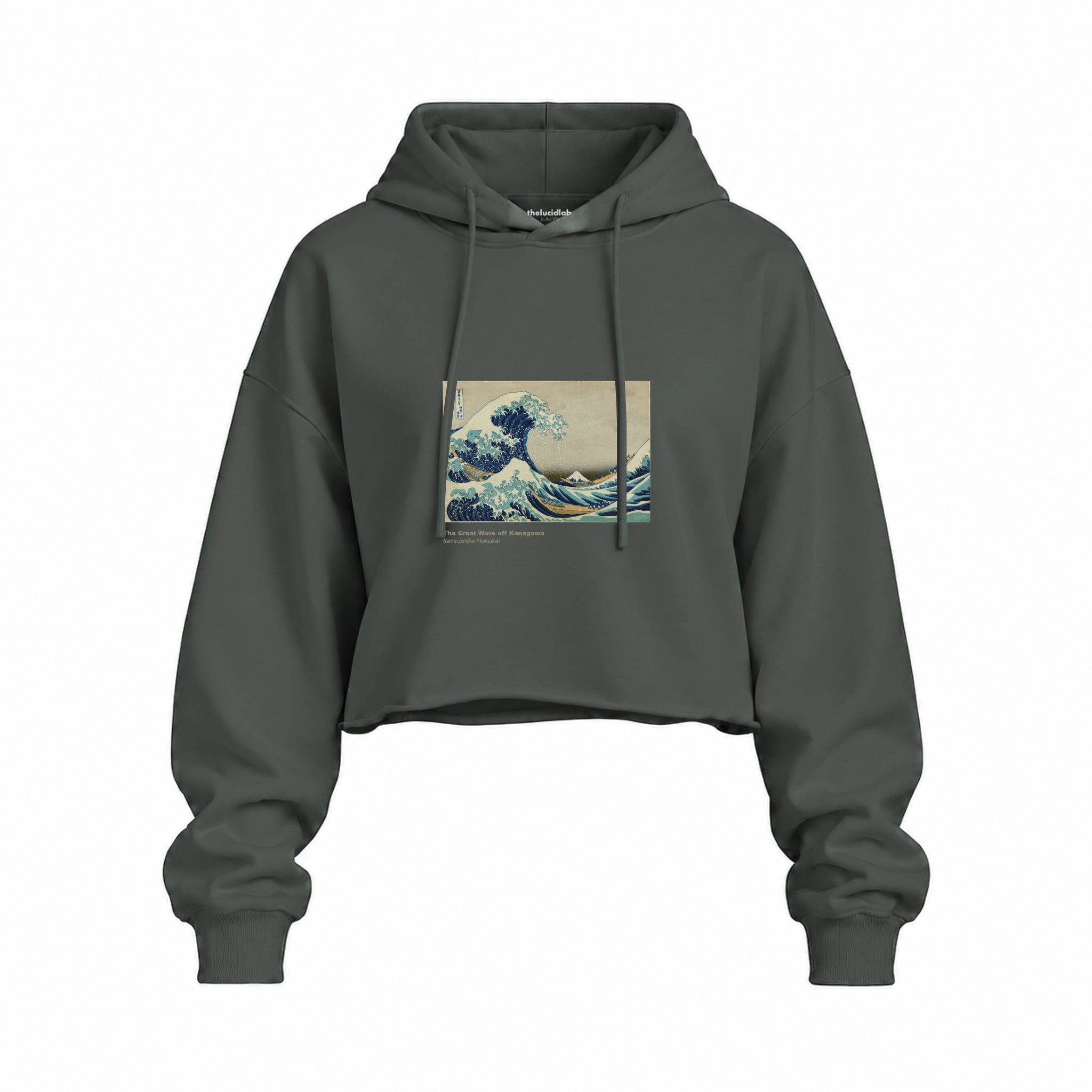 Kanagawa Oki Nami Ura Oversize Crop Hoodie — Antrasit — Ön baskı