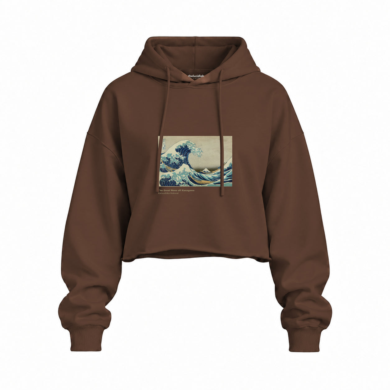 Kanagawa Oki Nami Ura Oversize Crop Hoodie — Kahverengi — Ön baskı