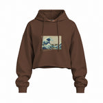 Kanagawa Oki Nami Ura Oversize Crop Hoodie — Kahverengi — Ön baskı