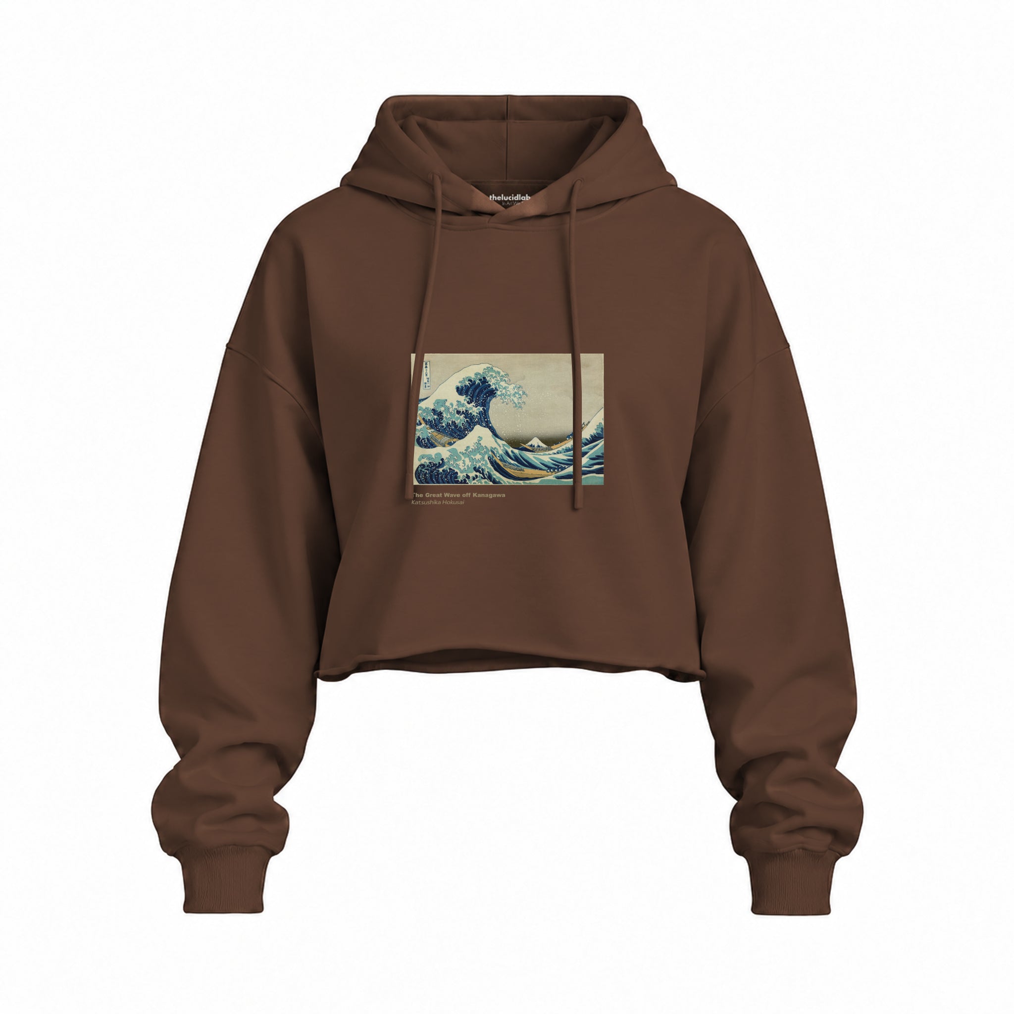 Kanagawa Oki Nami Ura Oversize Crop Hoodie — Kahverengi — Ön baskı