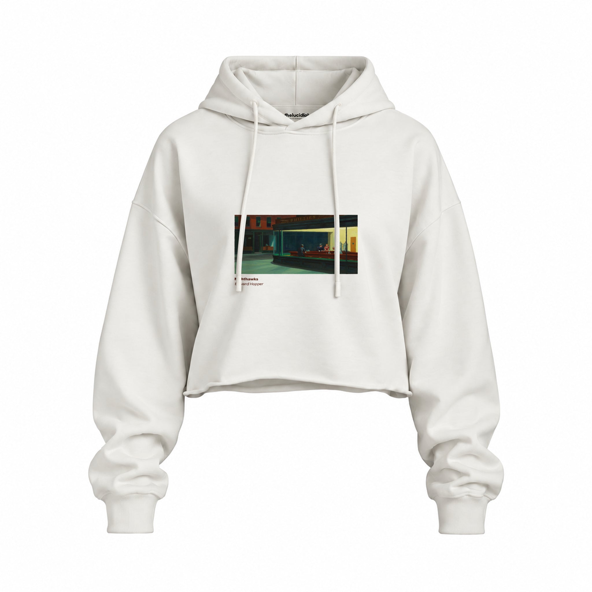 Nighthawks Oversize Crop Hoodie — Beyaz — Ön baskı