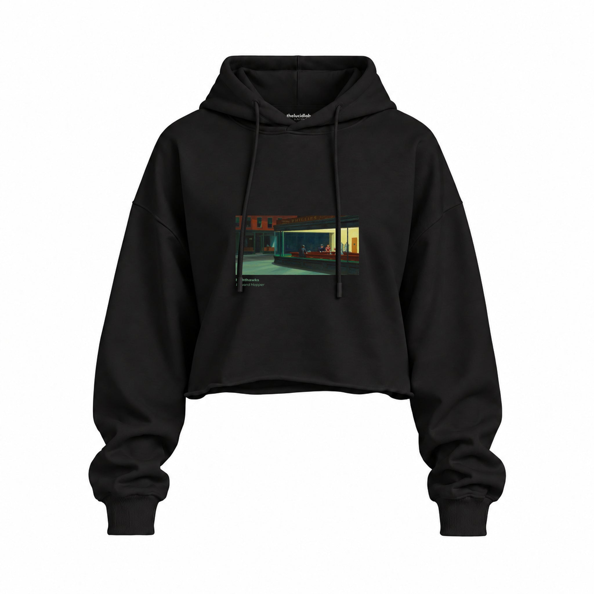 Nighthawks Oversize Crop Hoodie — Siyah — Ön baskı