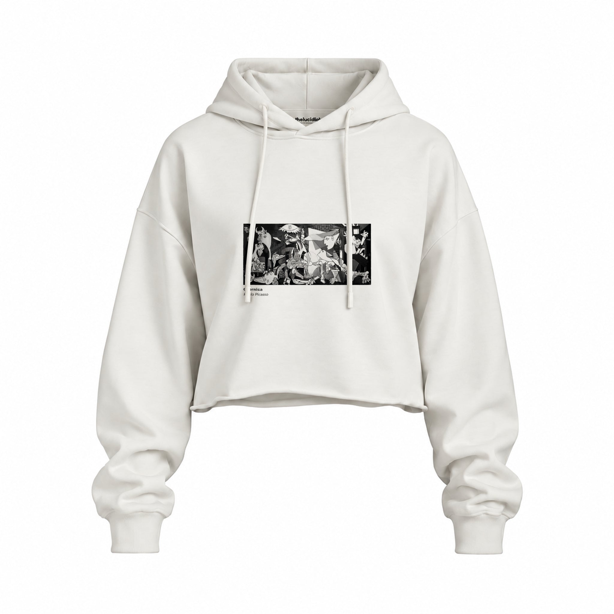 Guernica Oversize Crop Hoodie — Beyaz — Ön baskı