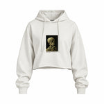 Skull of a Skeleton with Burning Cigarette Oversize Crop Hoodie — Beyaz — Ön baskı