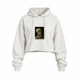 Skull of a Skeleton with Burning Cigarette Oversize Crop Hoodie — Beyaz — Ön baskı