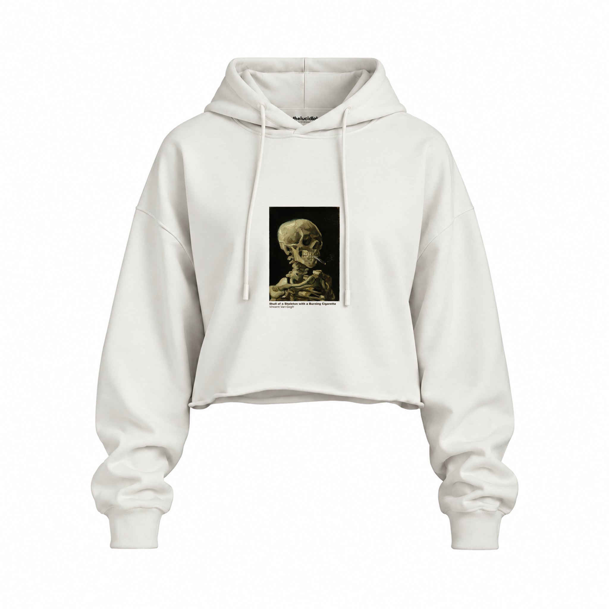 Skull of a Skeleton with Burning Cigarette Oversize Crop Hoodie — Beyaz — Ön baskı