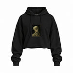 Skull of a Skeleton with Burning Cigarette Oversize Crop Hoodie — Siyah — Ön baskı
