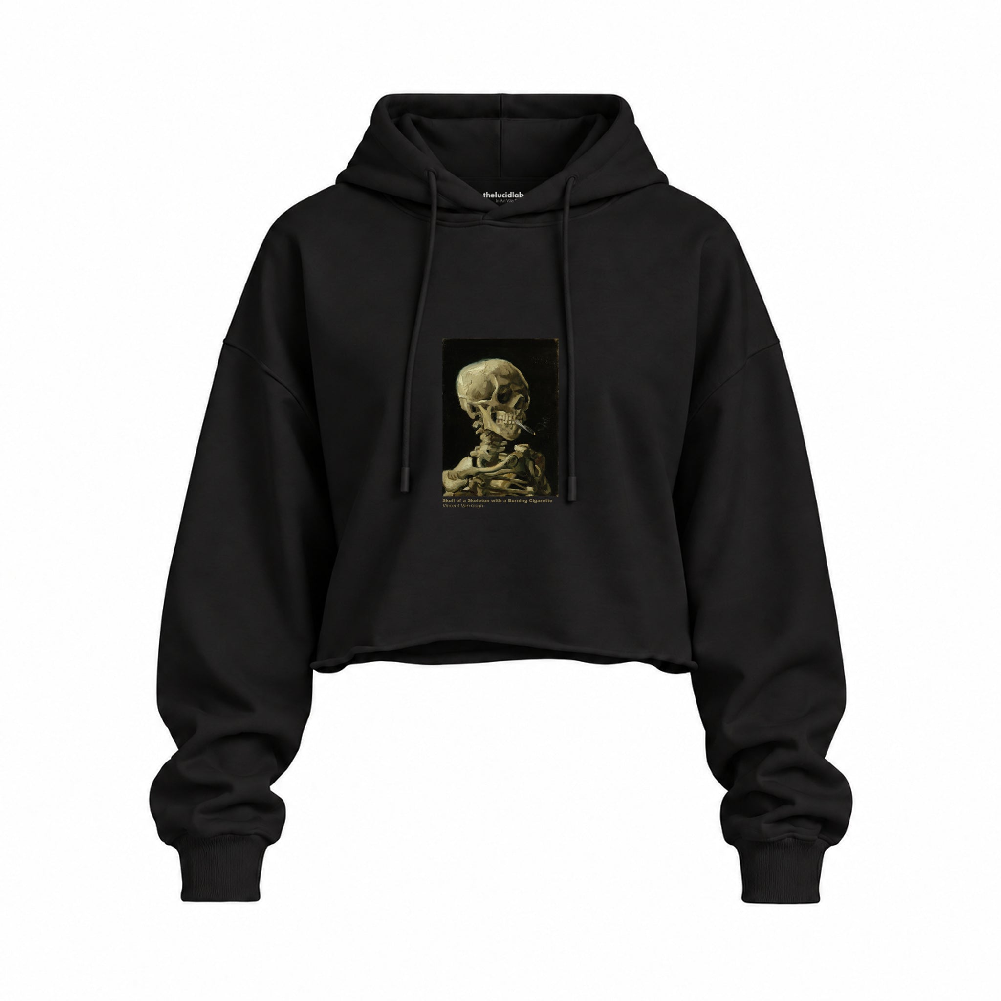 Skull of a Skeleton with Burning Cigarette Oversize Crop Hoodie — Siyah — Ön baskı