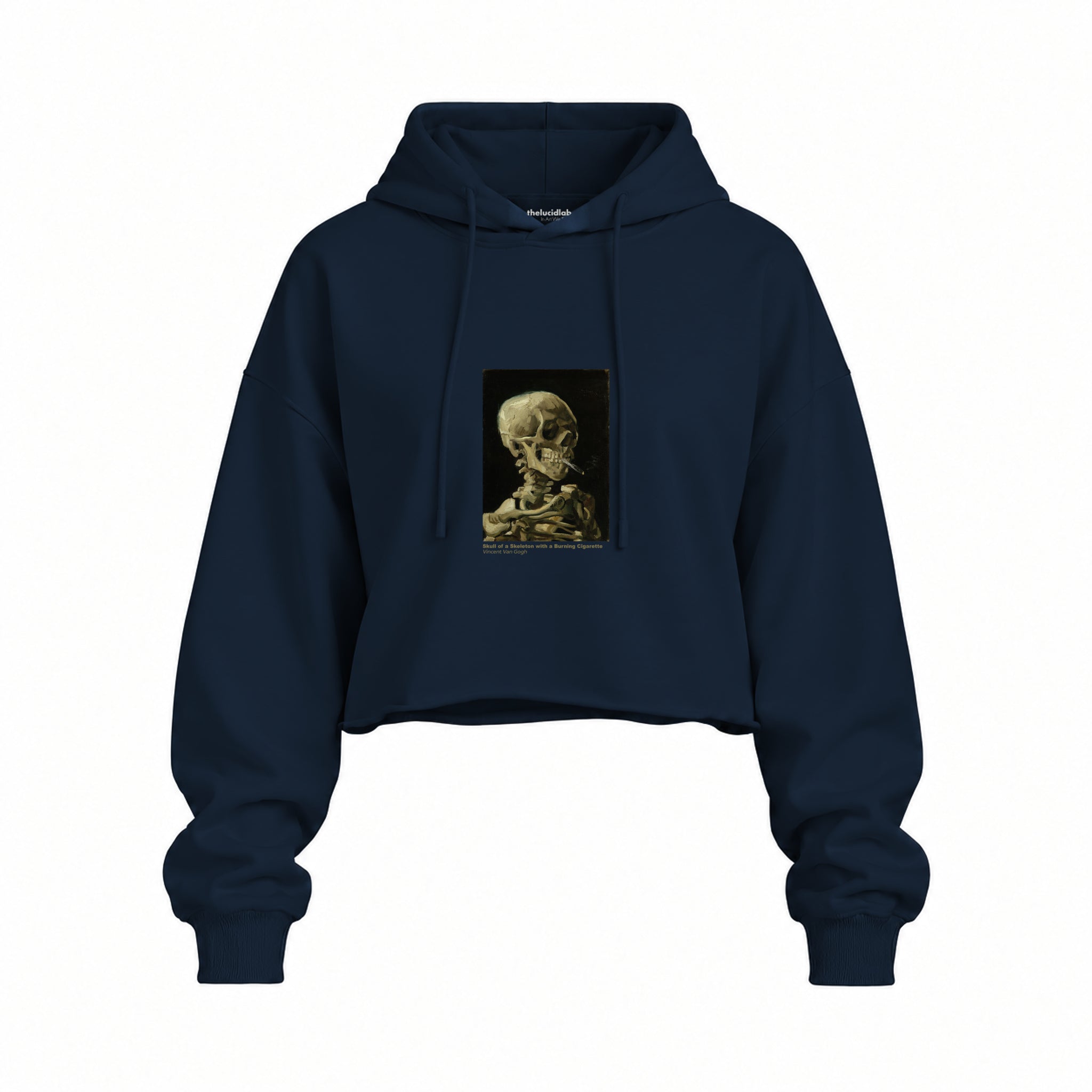 Skull of a Skeleton with Burning Cigarette Oversize Crop Hoodie — Lacivert — Ön baskı