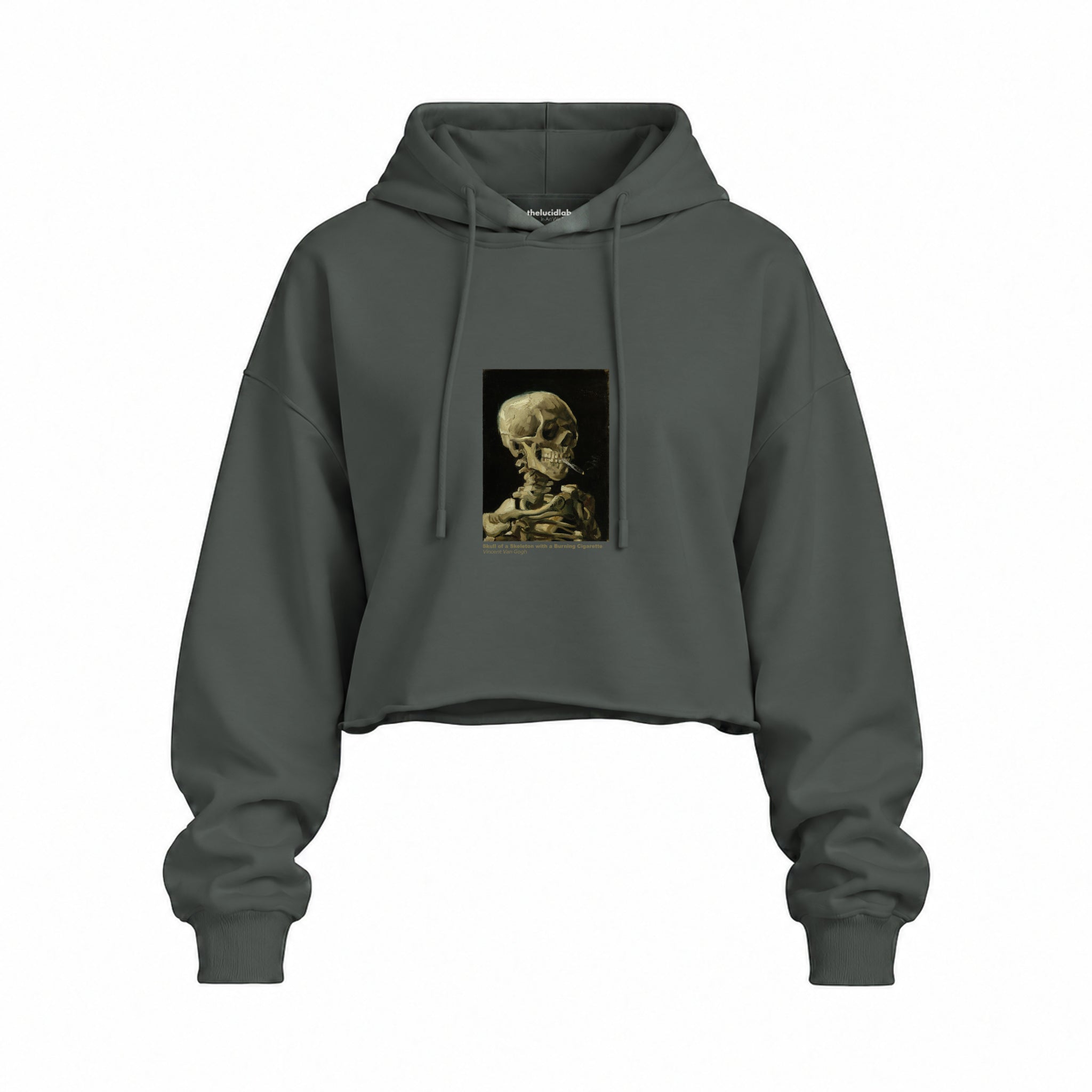 Skull of a Skeleton with Burning Cigarette Oversize Crop Hoodie — Antrasit — Ön baskı