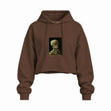 Skull of a Skeleton with Burning Cigarette Oversize Crop Hoodie — Kahverengi — Ön baskı