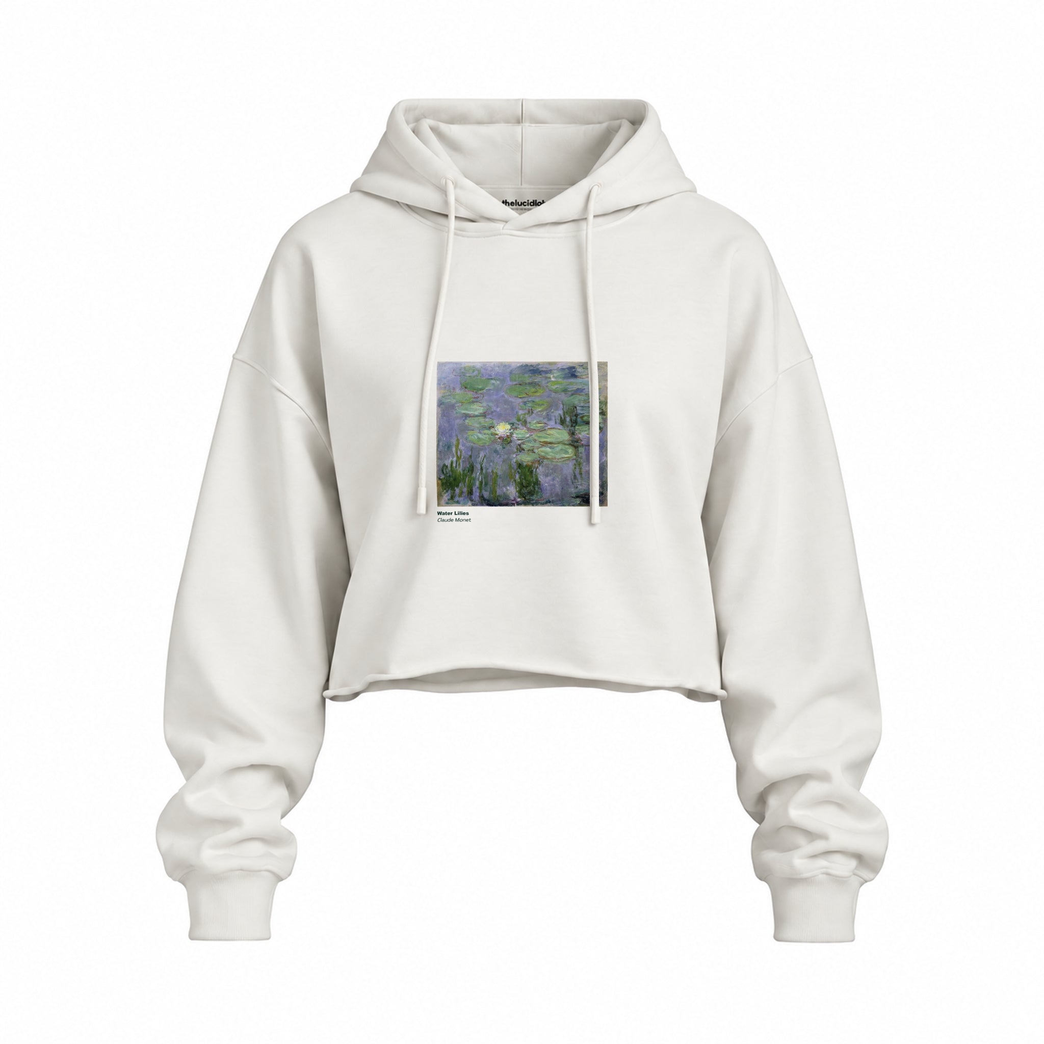 Water Lilies Oversize Crop Hoodie — Beyaz — Ön baskı
